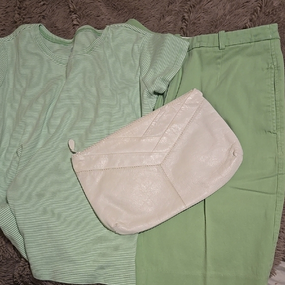 Bundle- Green STRIPE IZOD Top MED & CHADWICKS GREEN SHORT SZ 6. Leather Clutch! - Picture 1 of 4